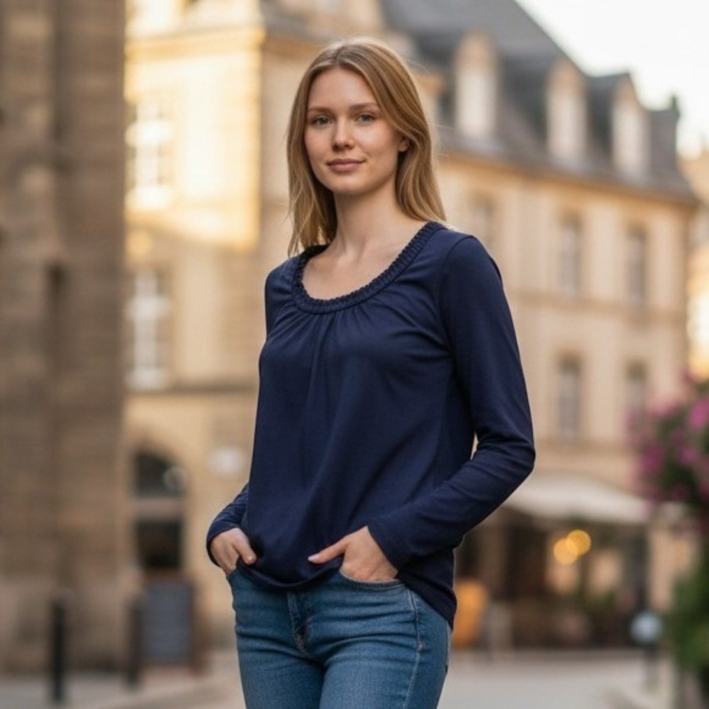 Gap Womens Navy Blue Ruched Neck Long‎ Sleeve Blouse Top Size Medium /#26760
